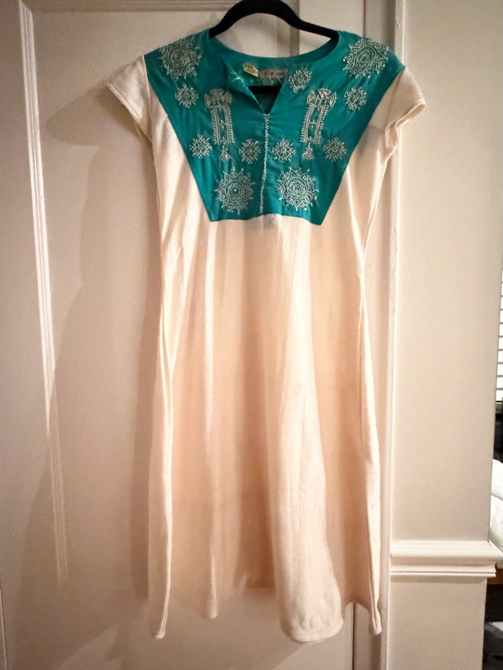 Cream Dress with Teal Embroidered Yoke